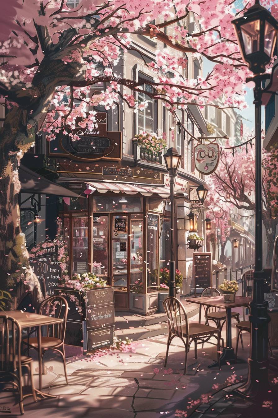 古いヨーロッパの街の中心部に位置する魅力的なヴィンテージカフェは、咲き誇る桜の木に囲まれ、クラシックな街灯で飾られています。アートワークは、アニメのスタイルでピンク色調の顔に焦点を当て、キュートな水彩スタイルで描かれ、超高画質でレンダリングされています。