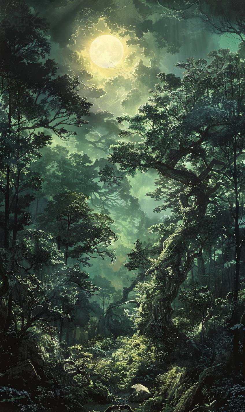 吉田明彦のスタイルで、神秘的な森の中で囁く風