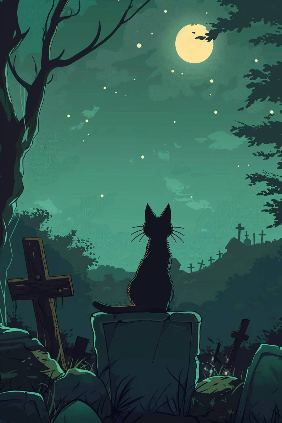 Cartoon, cat sitting on a grave in a graveyard at night --ar 2:3 --v 6.0
