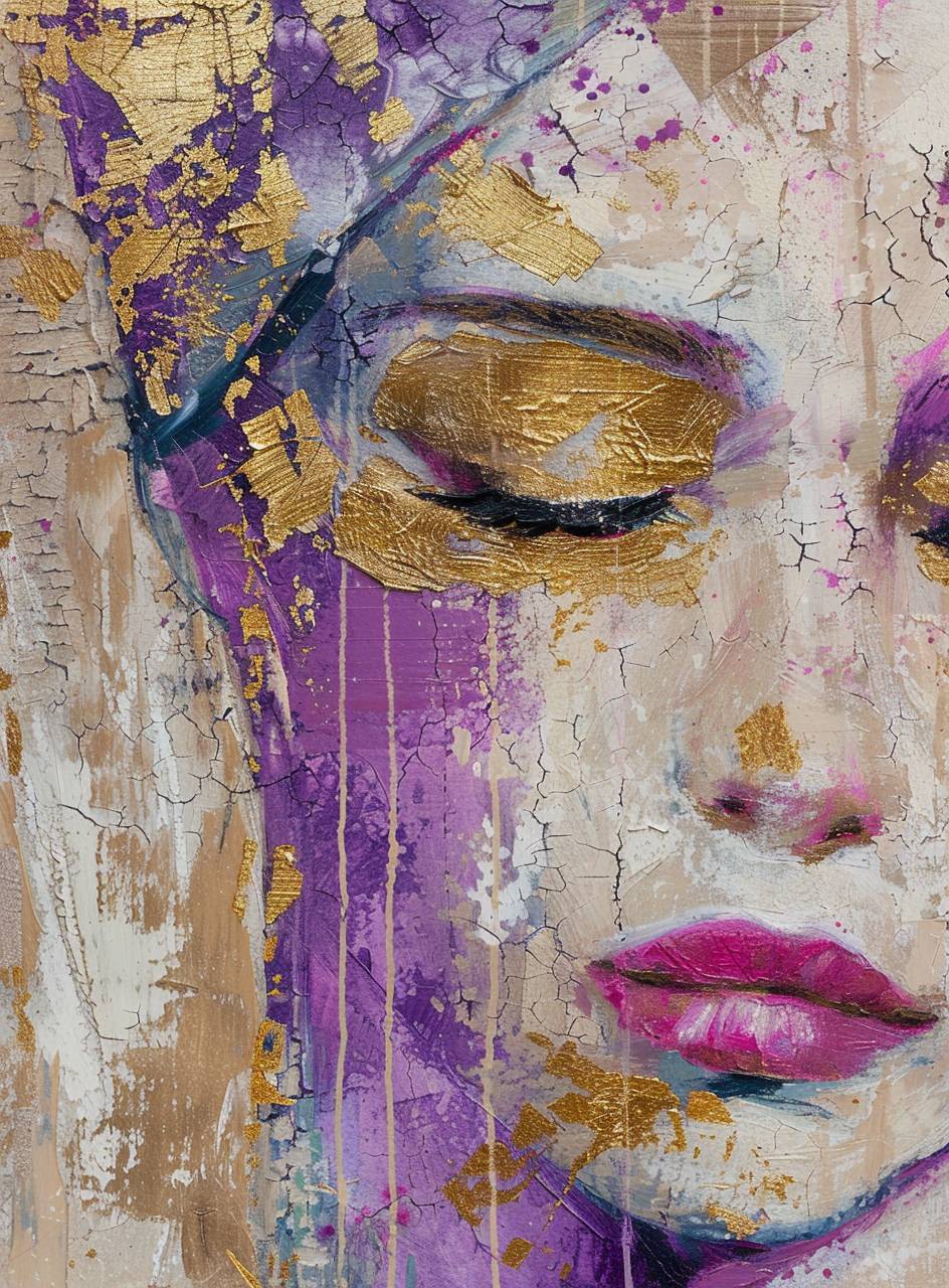 Abstract painting of a woman with golden threads on her face, textured canvas, and gold leaf details. It features pink, purple, and beige tones with a minimalist design.