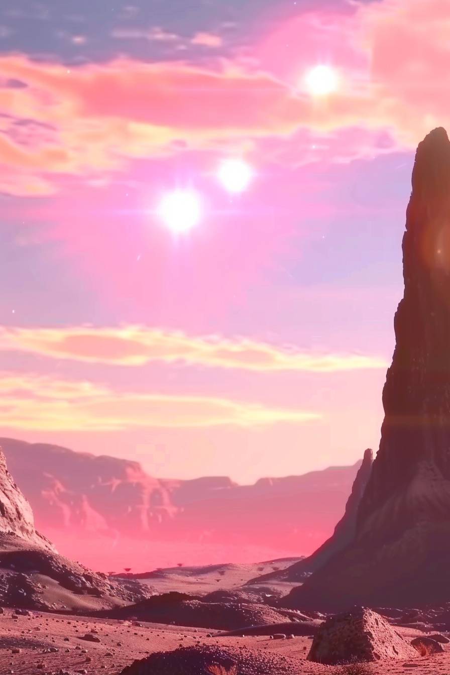 An alien landscape with strange rock formations, with two suns setting in the sky