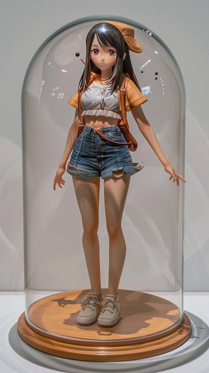 Design a character model display stand that is flat and oval-shaped, topped with a glass protective dome. The display stand should feature small decorations to add a lively atmosphere, creating a simple yet slightly cartoonish feel. This display stand is intended for a female character model.