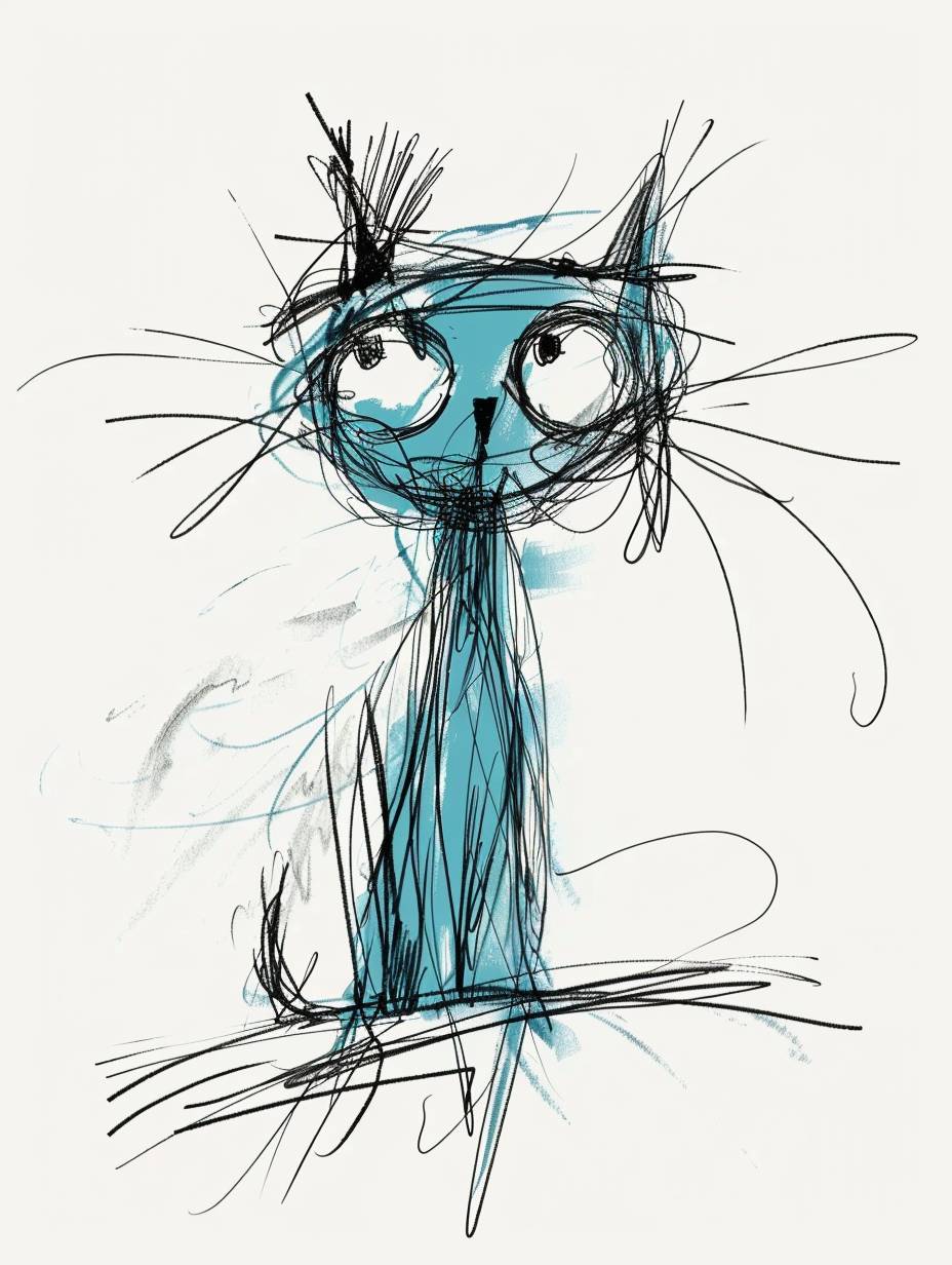 Super minimalist, a cute blue-haired cat drawn with messy scribbles, white background, by Bill Waterson