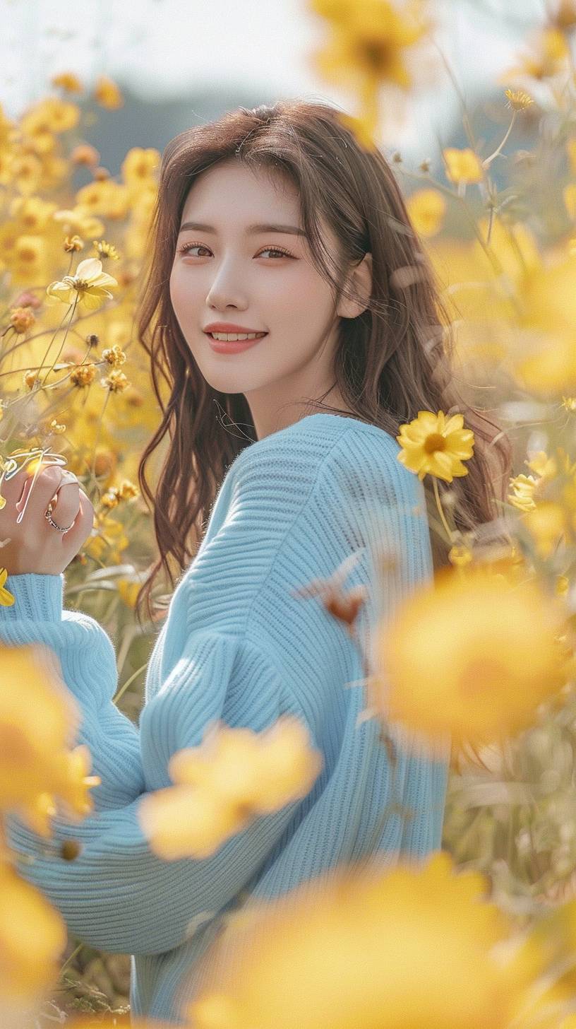 Chinese girl with light makeup, long hair, light blue sweater, smile, lazy, flower field, yellowish, spring, Japanese style refreshing, mid-range