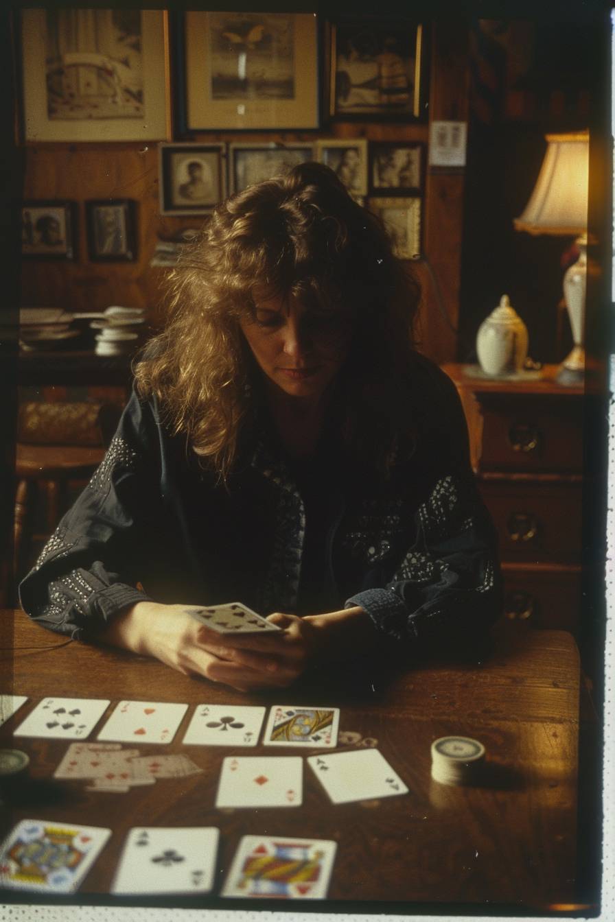 A woman playing solitaire at a desk, Fuji color film, Polaroid, 1999