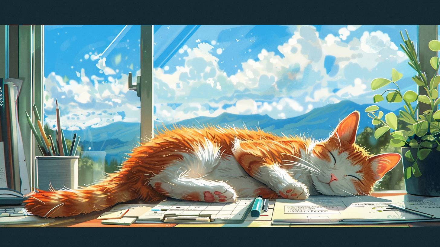 An orange and white cat sleeping on the desk, with a blue sky outside the window, mountains in front of it, green plants next to them, a computer screen displaying office documents, in the style of Japanese anime, in the Hayao Miyazaki painting style, in the Makoto Shinkai painting style, high resolution, high quality, high detail, with a high noise filter, high contrast, a full body shot, medium distance, side view.
