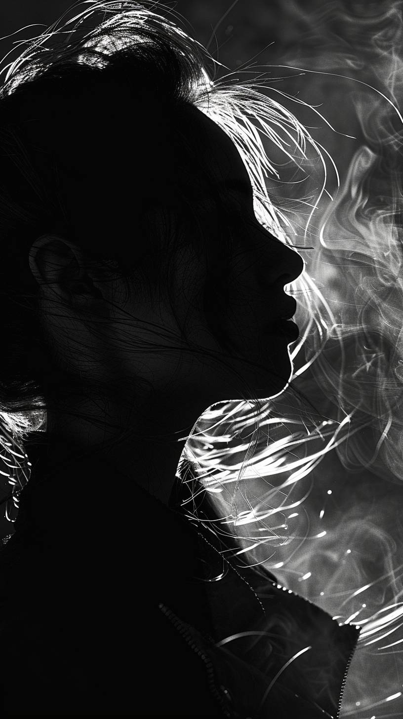 Silhouette of gothic girl in the background, black and white light on the face, photography in the style of high fashion, movement, lights everywhere, abstract shadows