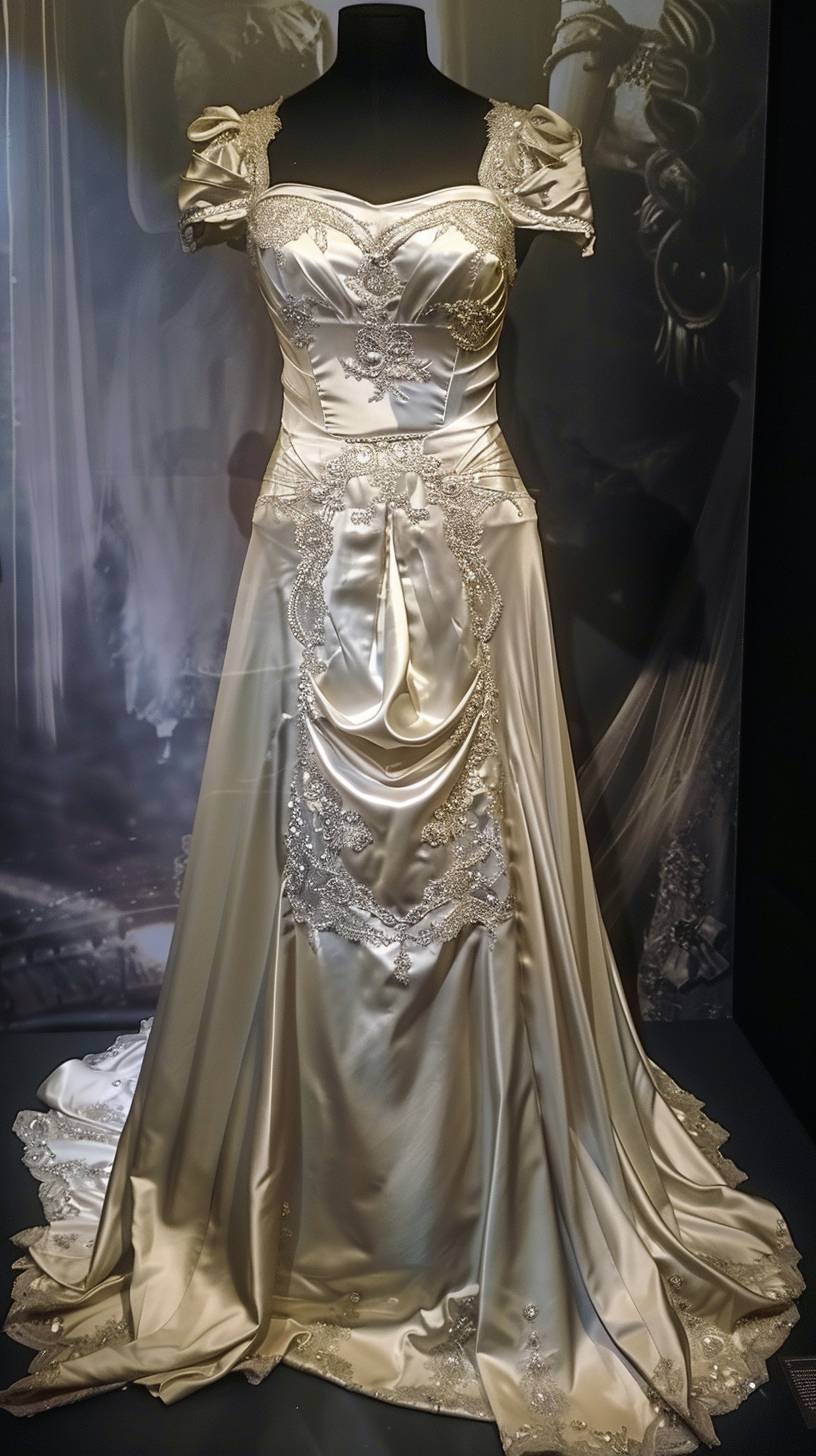 A wedding dress from the 2100 Vogue catalogue. The realistic dress is made of satin and inspired by Greek goddesses, while maintaining a modern touch. The dress is on display.