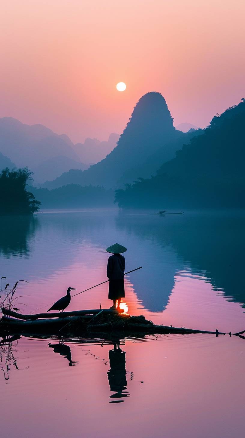 An Asian fisherman on a lake at sunrise, taken with a mirrorless camera, early morning lighting, nature photography