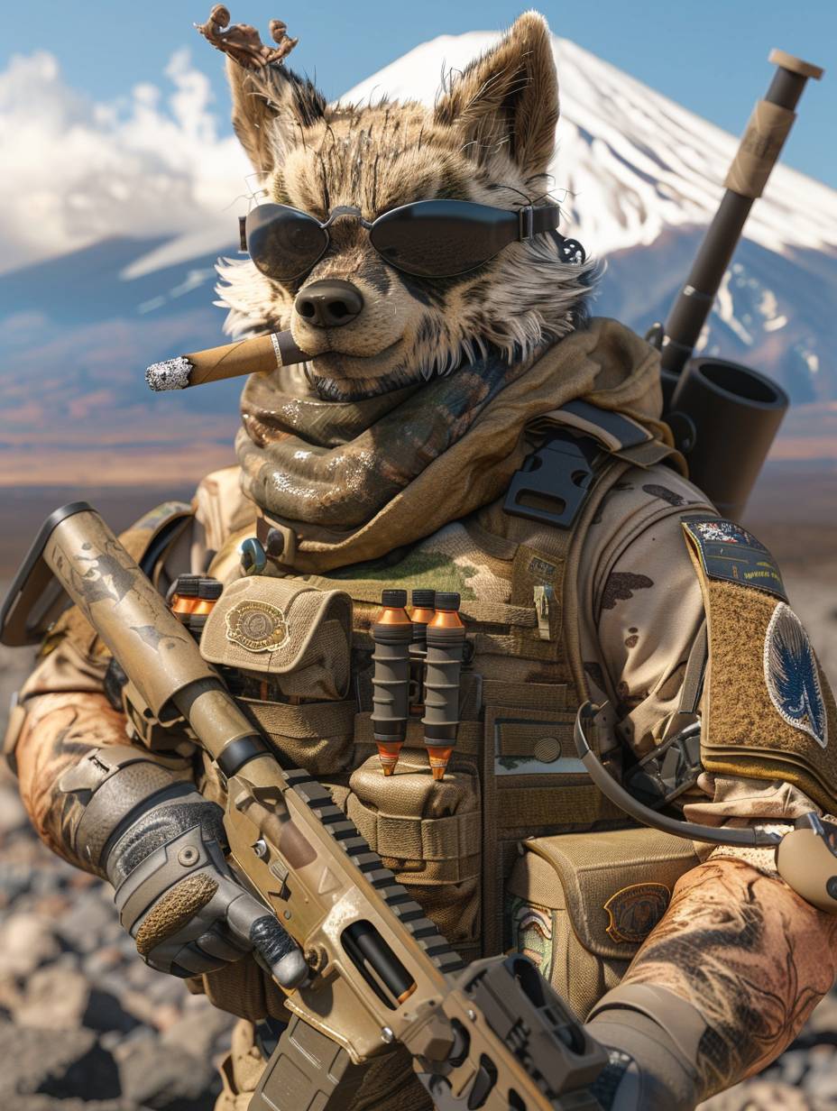 Desert background, a 12 zodiac animal wearing a special forces uniform, a special forces soldier, holding a cigar in his mouth, with murderous eyes, holding a rocket launcher in his hand, his muscles exploding, Mount Fuji, 3D rendering, realistic material, and surreal subject