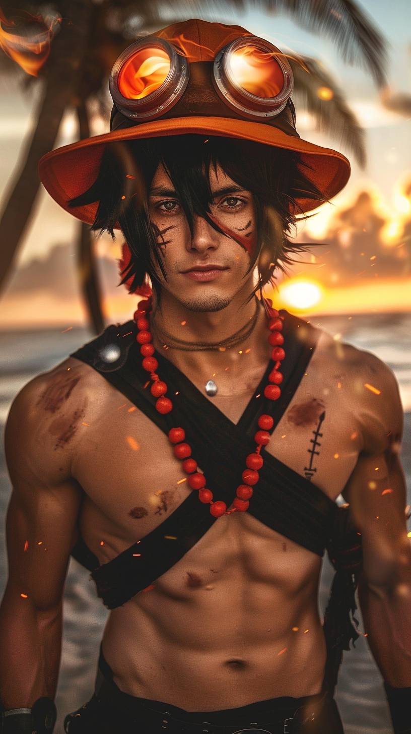 Real photos bring Portgas D. Ace to life, showcasing his handsome face, lightly wavy black hair, black eyes, freckles, an orange hat with round goggles and red beads, hat strap, red bead necklace around the neck, muscular upper body, black pants worn across the pelvis, fire billowing on one arm, an island, palm trees, and a beautiful ocean on a sunset beach.