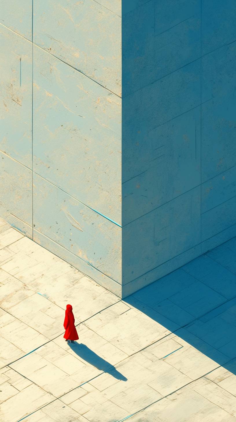 A person in red walks on the street, next to an empty building with long shadows. An aerial view with blue and yellow tones in the minimalist style of real photography captured with natural light and clear details of the urban landscape conveys a sense of loneliness.