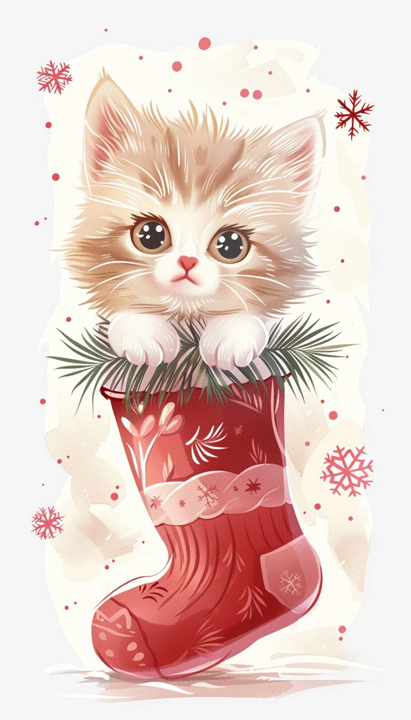 ミニマリストでかわいい、かわいらしい、かわいい、輝く赤ちゃんの子猫が、微妙なクリスマスのディテールが施された靴下から覗いている、子猫の周りに微妙なクリスマスのディテールがある白い背景、柔らかなパステル、ベージュ、淡い赤色、乳白色、カートゥーン、滑らかなシェーディング、チョーク スタイルの絶縁