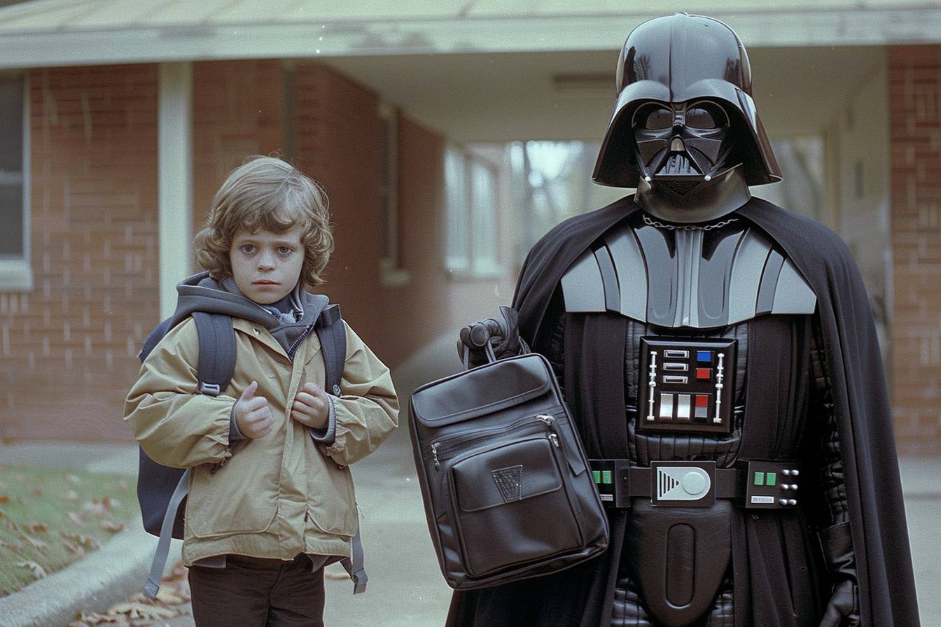 Production still from a Wes Anderson film, featuring Darth Vader dropping off young Luke Skywalker at school. Cinematography by Wes Anderson, emphasizing symmetry.