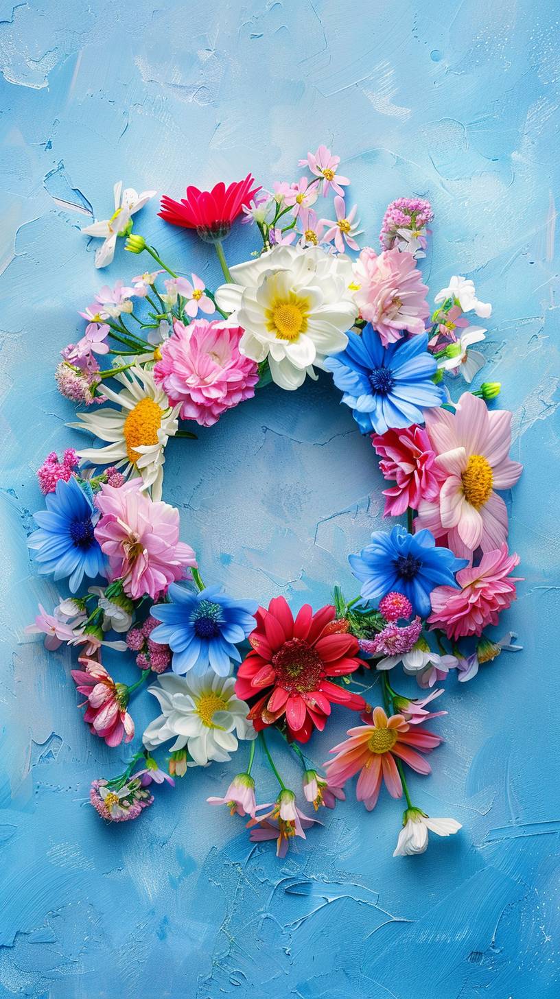 A minimalist ring of bright colored wildflowers. They are laying on a highly textured surface in shades of pastel blue. Cinematic lighting. Ultrarealistic