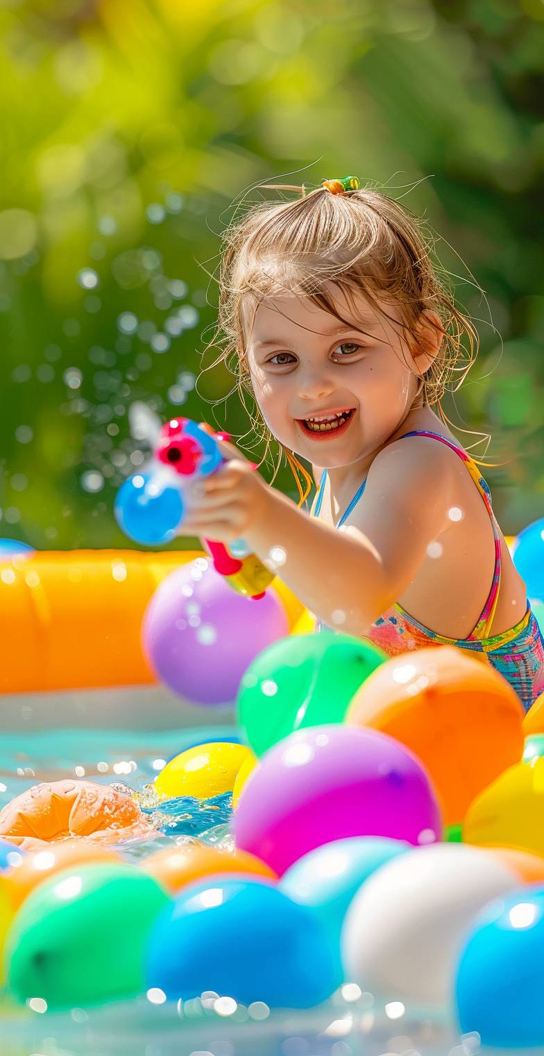 水着を着た可愛らしい少女が水鉄砲を持ち、色とりどりの風船で満たされたプールでカラフルなボールを撃っている様子。夏の庭園の背景に、幸せそうな表情で、自然光を受けており、プロの写真撮影スタイルで、シャープで高解像度、高品質。