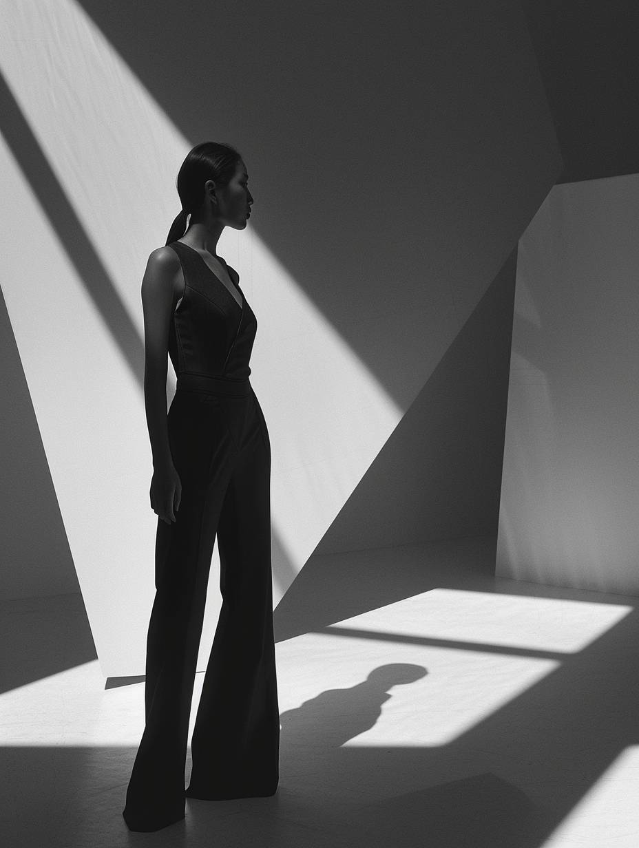 A model, clad in a sleek, black jumpsuit, stands in a stark, minimalist setting. The jumpsuit is adorned with geometric patterns that create a sense of structure and order. Her pose is sharp and angular, her body a series of straight lines and sharp angles. The lighting is dramatic and high-contrast, with a sense of precision and control. The background is a series of geometric shapes, with a sense of depth and perspective