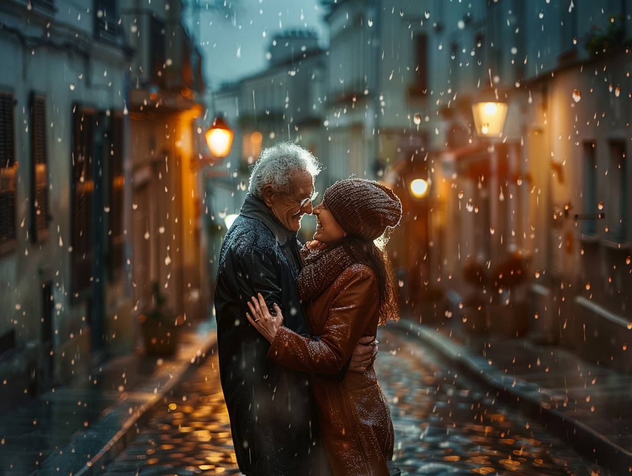 雨の中で踊る年配のカップル。喜びの笑顔。お互いをしっかりと抱きしめて。 玉石敷きの道。夕暮れ。古い建物、街灯が暖かい光を投げかけています。中景、ウエストアップ。柔らかい照明、雨粒が光に輝いています。ロマンチックな雰囲気。
