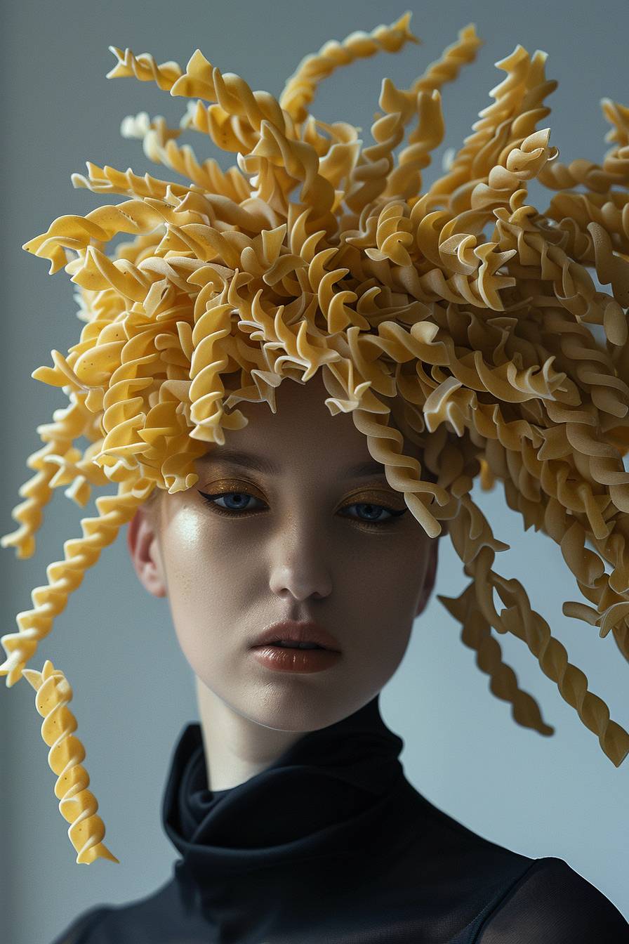 Highly realistic portrait of an Italian model with Fusilli pasta hair, contemporary culinary art, professional photography, contemporary style, minimalist, food design