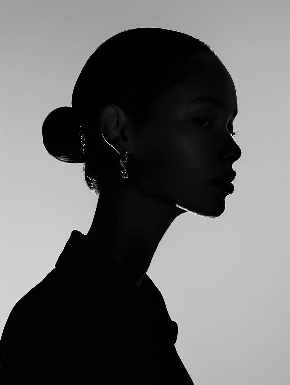 Cover photo for a fashion magazine shot in a photo studio, completely black silhouette of a woman facing the camera, light grey background, shot on 35mm film