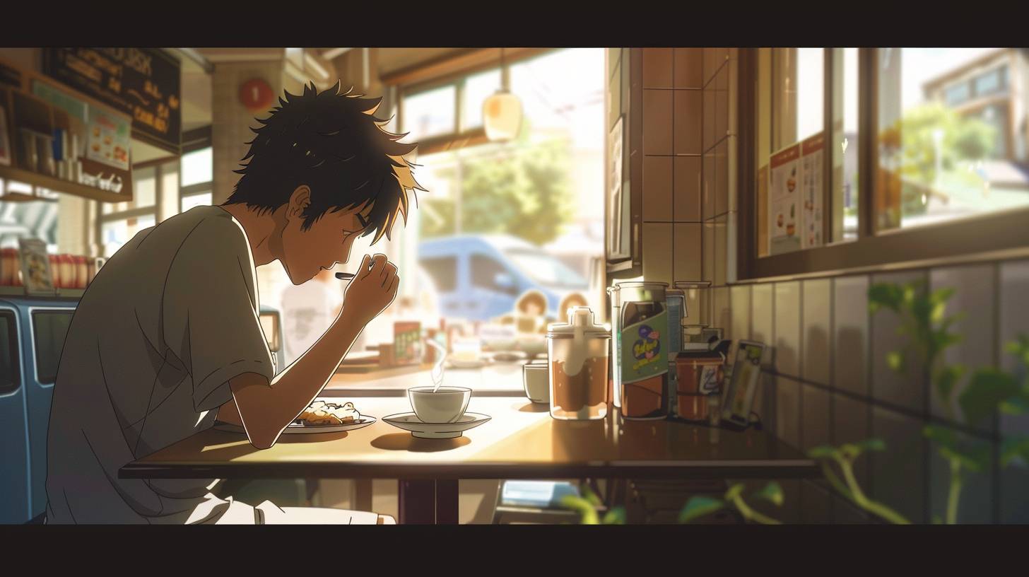 コンビニで朝食をとる男性、日差しを浴びる。スタジオジブリや新海誠の作品スタイルのセルシェーディングアニメ