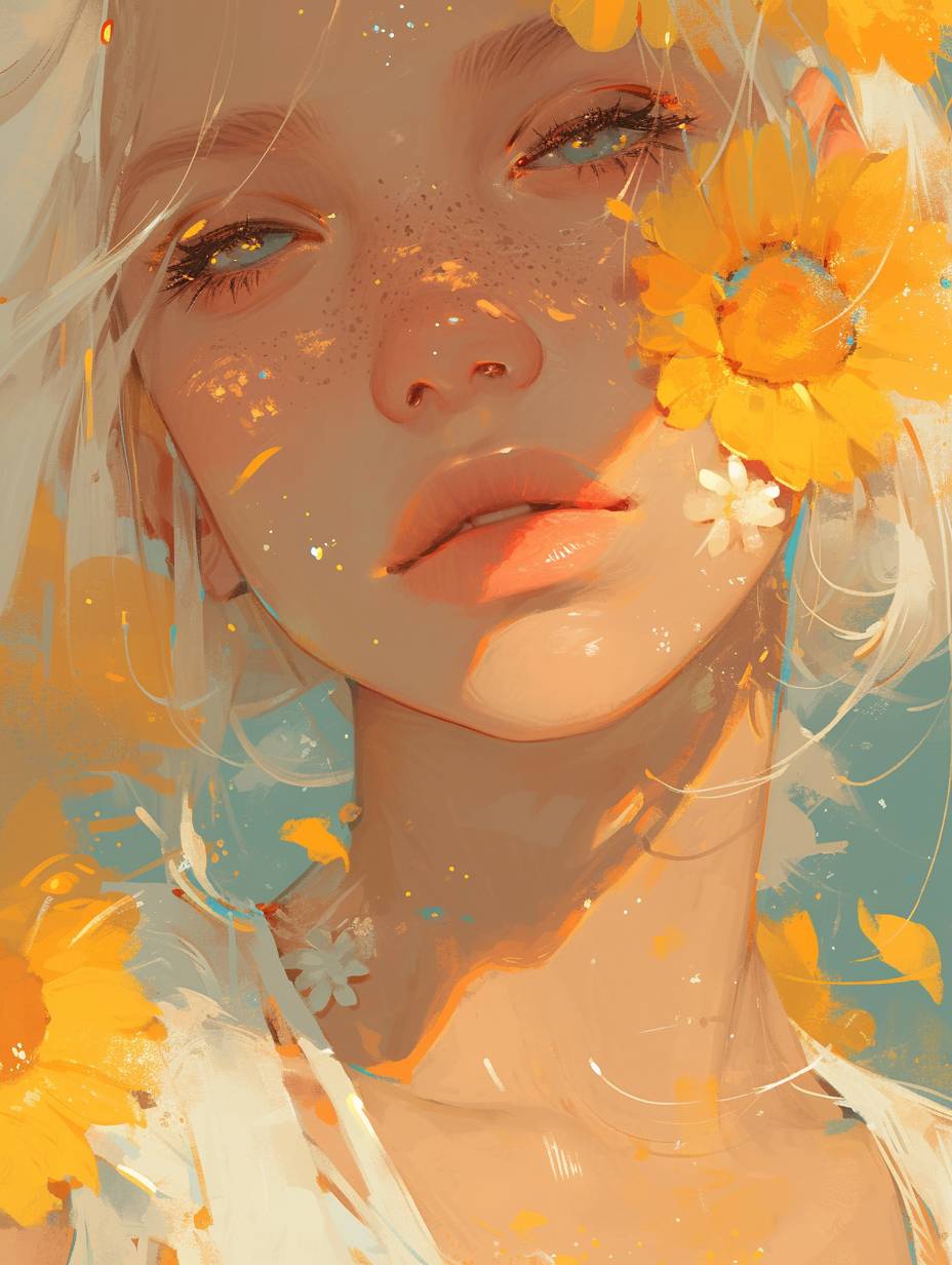 Summer girl with lush hair, eyes barely seen, freckles, background of sunflowers, neon pastel glitching, vibrant with clear depth perspective --ar 3:4 --s 500 --niji 6 --style raw