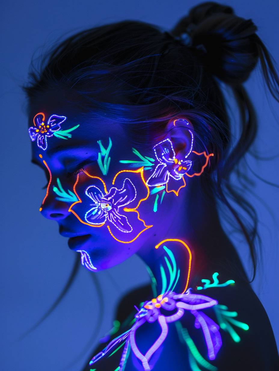 部族デザインのスタイルで、顔と体に描かれた蛍光ネオンの花々の黒光写真、顔と体にネオン発光の花々を描いた少女
