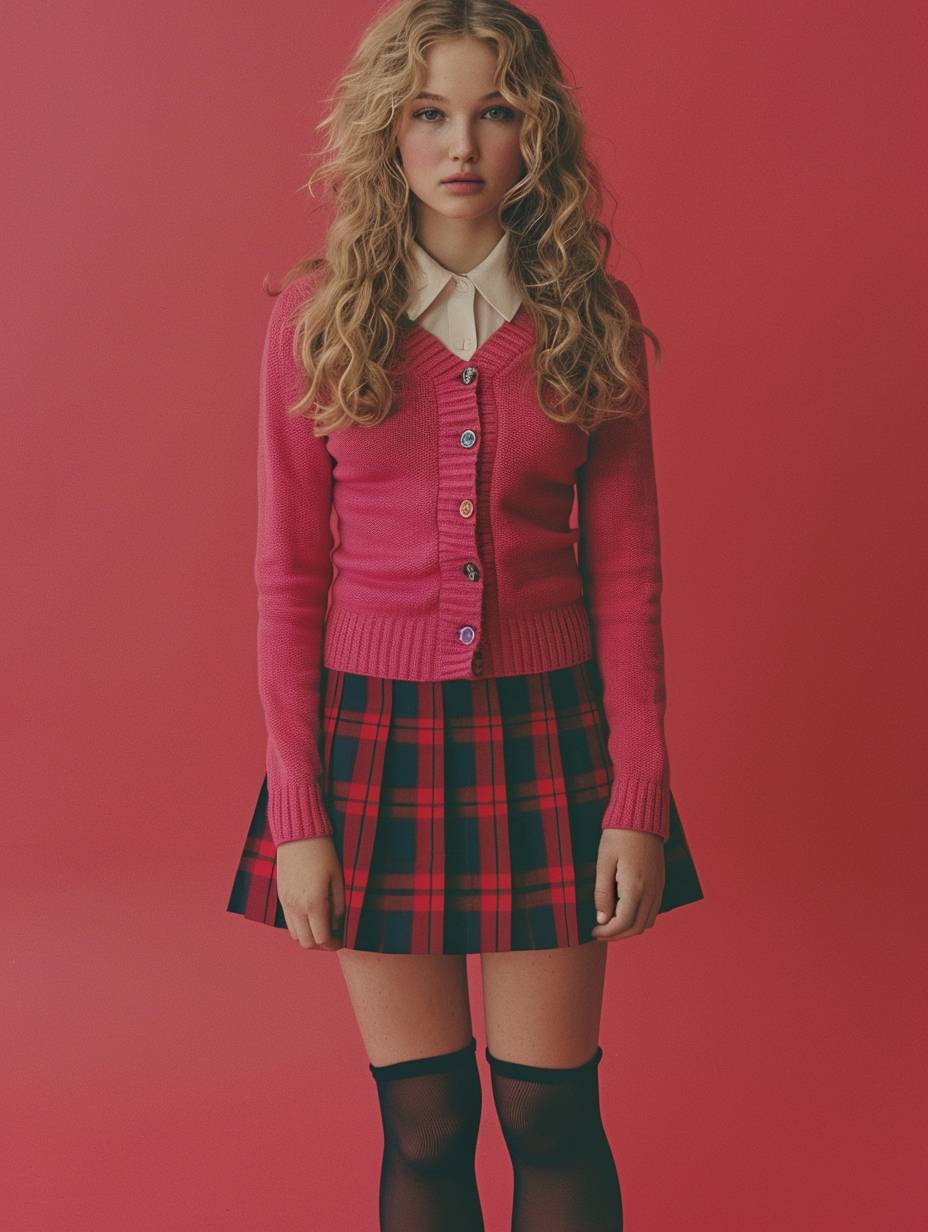 Jennifer Lawrence school uniform and cardigan lookbook, cardigan with closed buttons, crewneck neckline, hot pink cardigan, skirt and socks sneakers, blonde curly hair, sneakers, bright background, full body portrait.