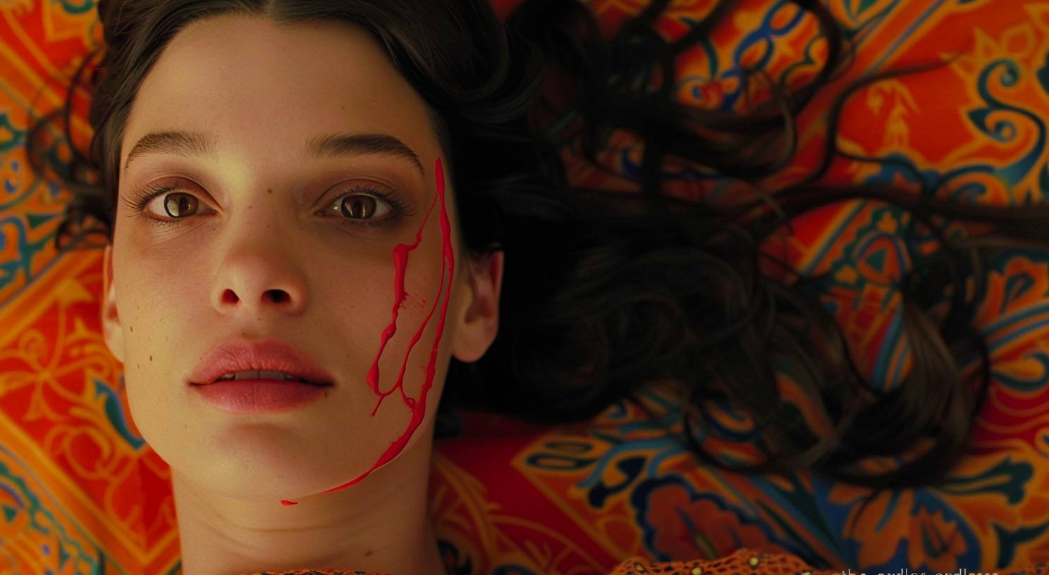 Screengrab from the film 'The Endless Dream' by Paul Verhoeven. A beautiful woman with dark hair and brown eyes laying on an orange patterned background in Greek style art, a red line of paint running down her cheek, painted in vibrant colors, close-up shot, symmetrical composition, surrealism, epic scene, wide angle