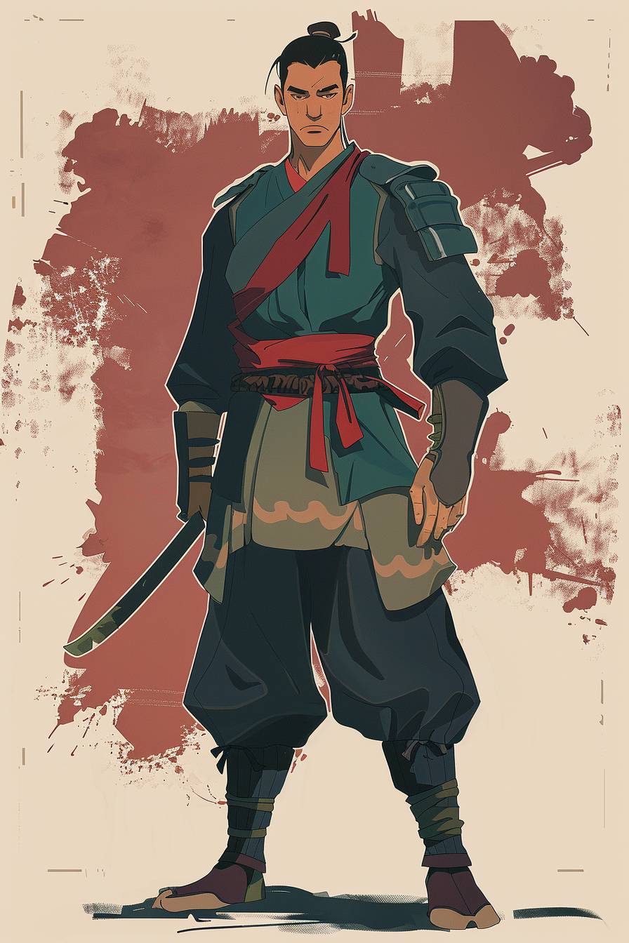 In style of Zhang Xiaogang, warrior character, full body, flat color illustration