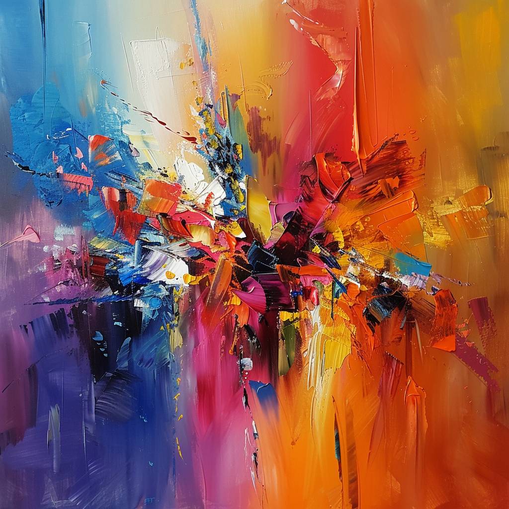 Expressive painting, vivid contrasts, abstract forms, rich and varied color palette, mix of warm and cool tones.
