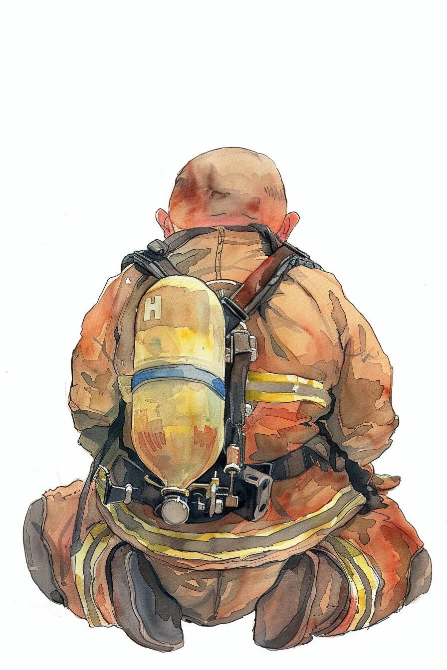 ベビー消防士の背中を描いた水彩スケッチイラスト、デジタルアート、コンセプト、Rifle Paper and Co、Pixarスタイル、太った消防士、アート、8k、HD、高精細イラスト、白い背景に孤立しています。