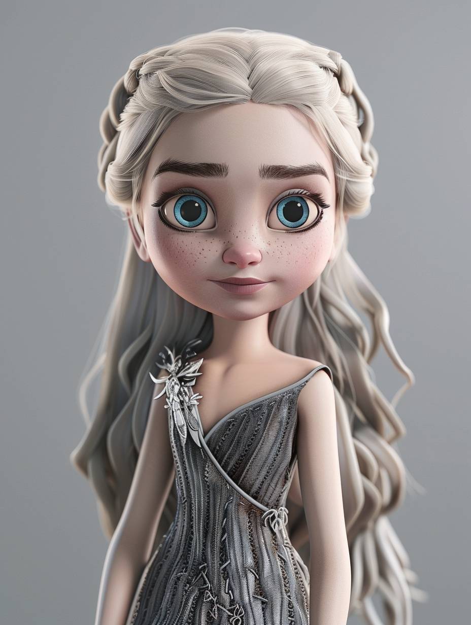Cartoon Daenerys Targaryen, 3D rendering style, Disney style, full body, exquisite details, simple design, simple grey background