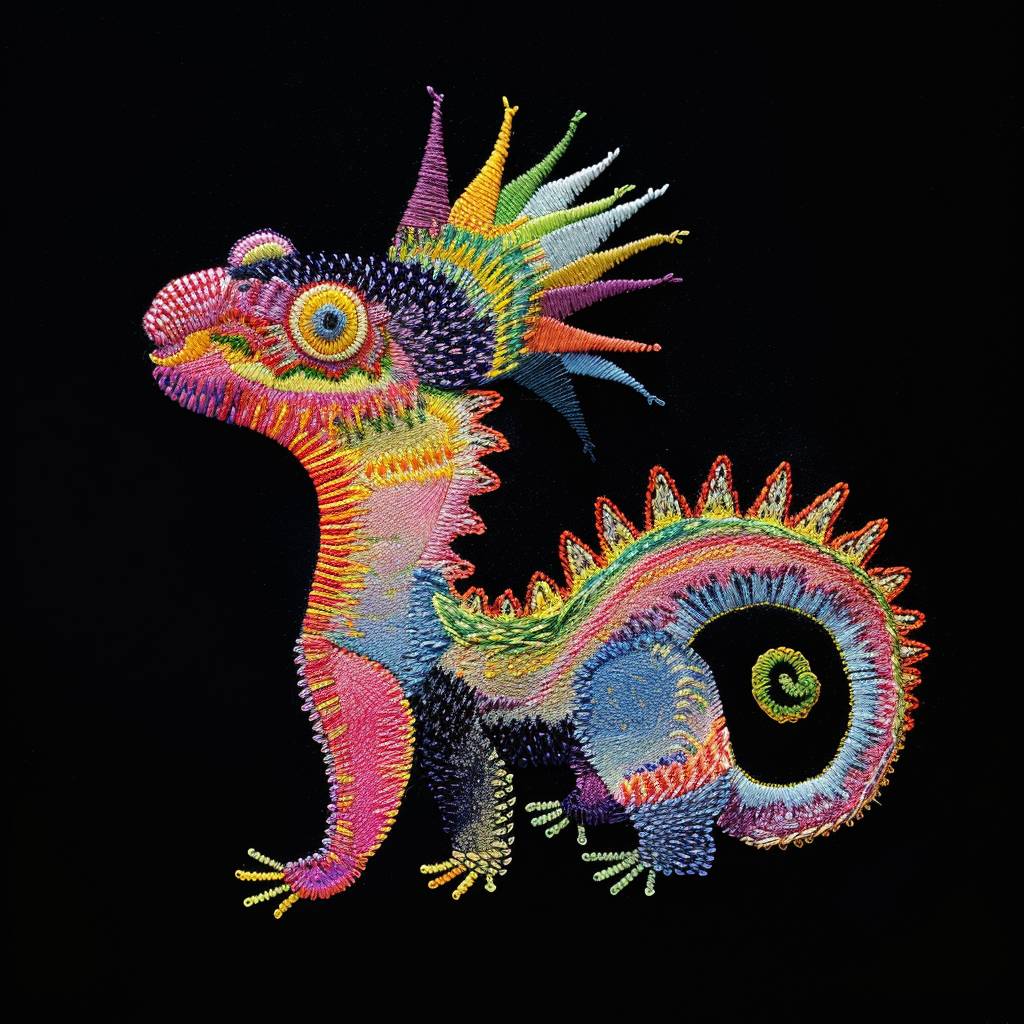 Tiny colorful Embroidery creature black background