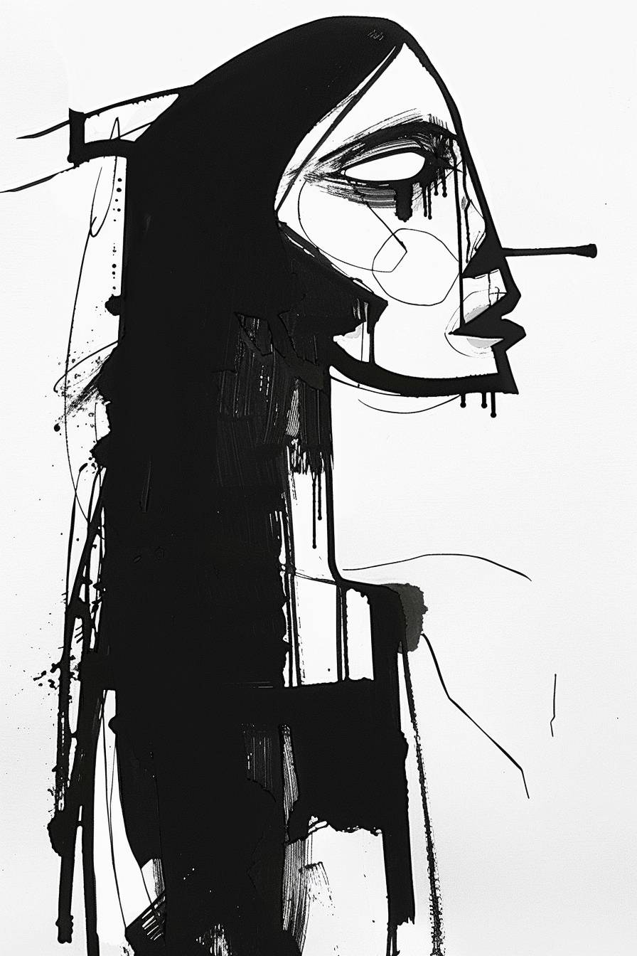 Amy Sillman風のスタイルで、キャラクター、インクアート、側面図