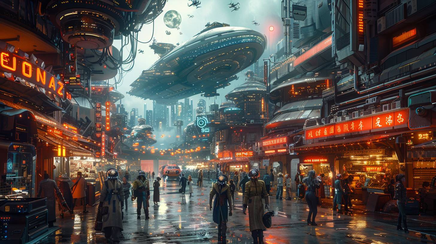 A bustling urban scene depicting a future society where humans and cyborgs coexist, inspired by the works of H.R. Giger and Syd Mead. The streets are lined with futuristic buildings featuring sleek, modern architecture and biomechanical enhancements. People with cybernetic limbs and implants interact with advanced robots and holographic interfaces, creating a seamless blend of organic life and cutting technology. The vibrant cityscape is alive with the glow of neon lights, flying vehicles, and bustling activity, embodying a harmonious yet complex vision of a cybernetic future society.