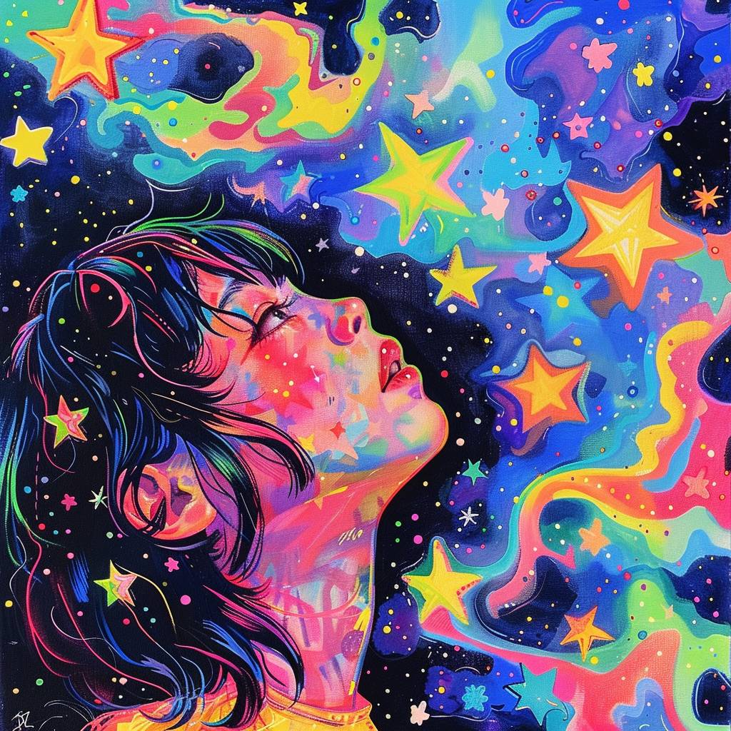 A girl looking up at stars, Fauvist color explosions, unique yokai illustrations, Geometry, Memphis erased and obscured, iconic imagery, queer academic, Memphis illustration, Memphis background, fluid gestures, children's book illustrations are 2:3- niji 5-- style expressive --v 6.0