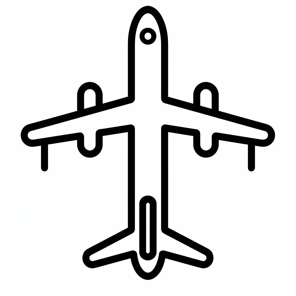飛行機１機、単位、線画、ブラックボールドライン、アイコン、シンプルな形状、白い背景、シンボル