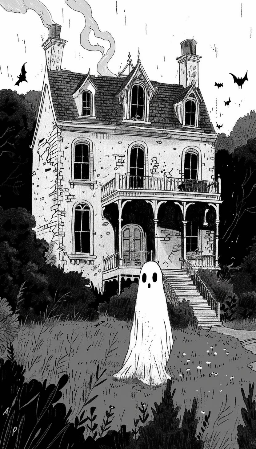 In the style of Gemma Correll, a Victorian ghost haunting an old mansion