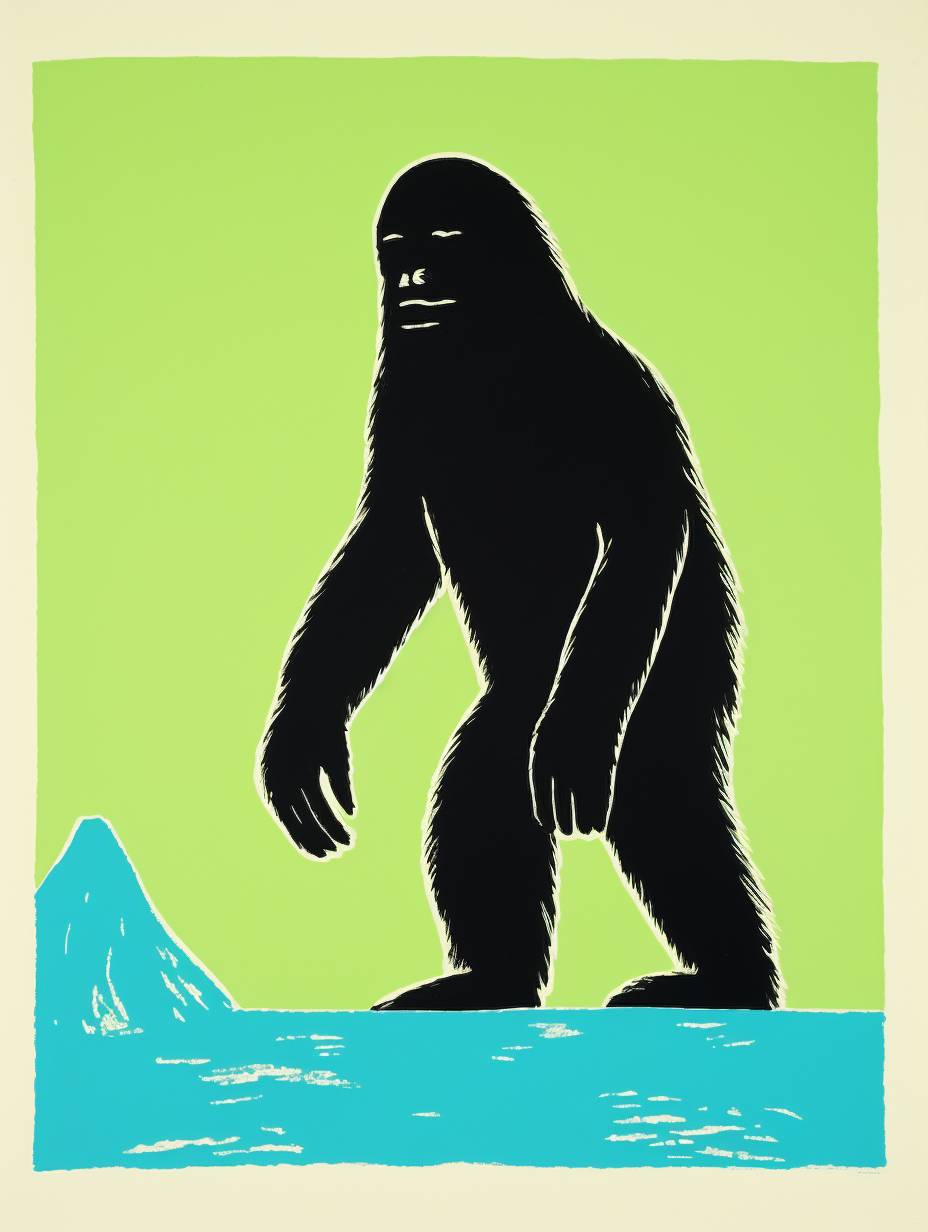 Sasquatch, silkscreen printing, retro poster art, Milton Avery style, simple/minimal, 1960's, bright and vibrant, funky/groovy, cloudy/bloated forms, flat shapes, simple/minimal, handcrafted art, plain background