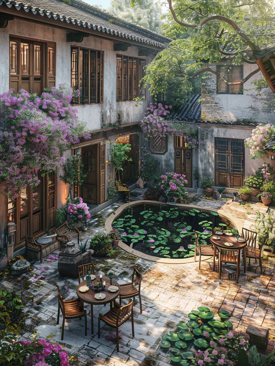 A dream of a small house in an ancient Jiangnan town, with a courtyard featuring a stone brick floor and a water lily pond. Tables and chairs are placed on the edge of the pool, surrounded by blooming purple petunias and pink roses, with green plants planted inside, overlooking with a bird's eye view. The style is raw.