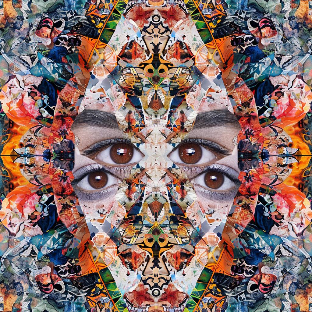 A kaleidoscopic pattern of collage images, forming the shape and face of [SUBJECT], symmetrical, in the style of mixed media, digital art, intricate details, colorful.