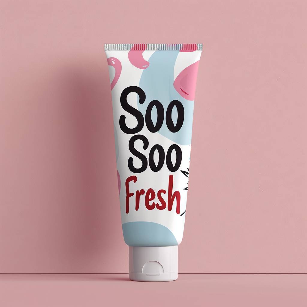 Realistic toothpaste tube mockup created by Rose Wylie, design and print for tube. Text reads 'Soo Soo Fresh'