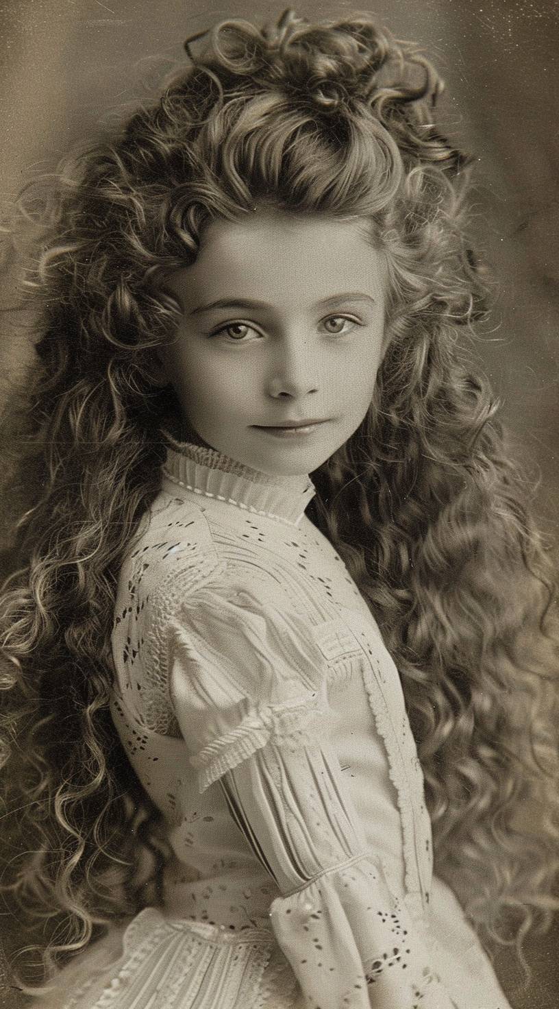 A young girl with long curly hair, wearing white and a high collar dress in the early 20th century, posing for an old photo. The picture is full of details, showing her elegant appearance and gorgeous style in the style of an early 20th century photographer.