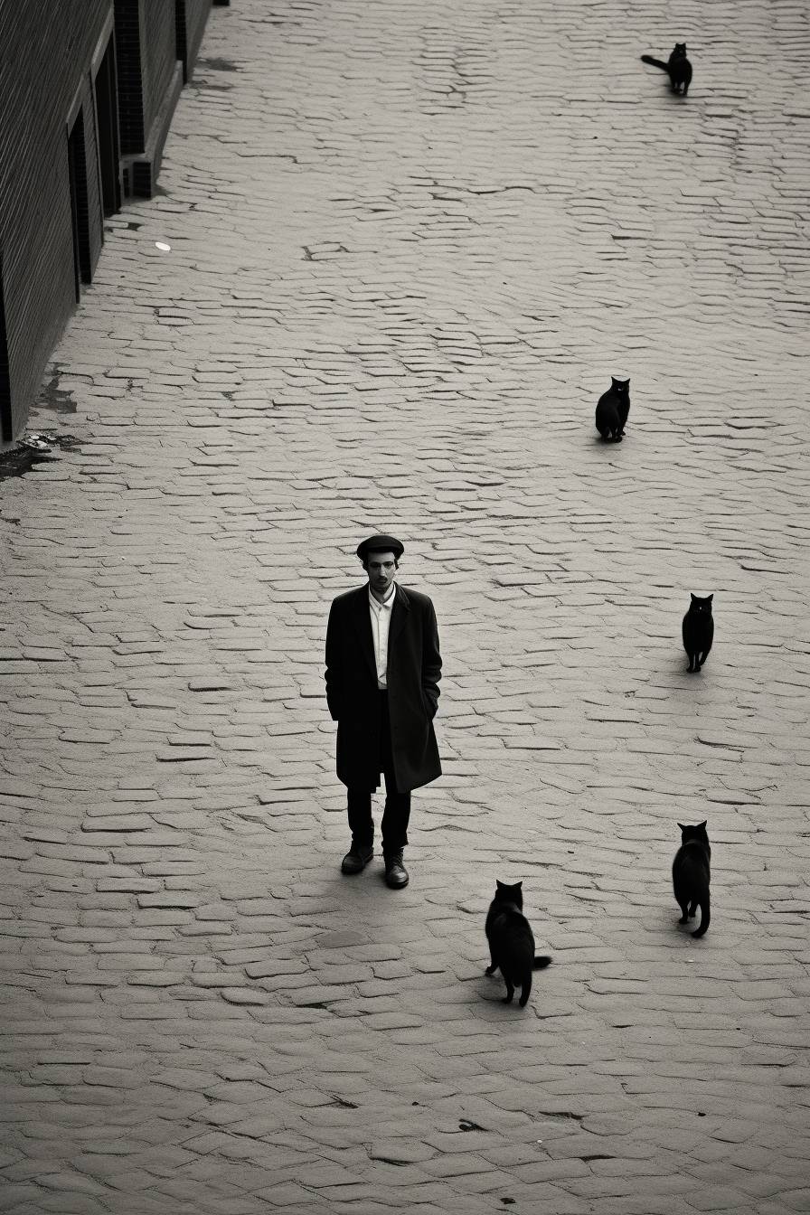 アンリ·カルティエ-ブレソンの名作、単一の背景、黒猫、横を向いた男性、鳥瞰撮影、白黒写真、縦横比3:4