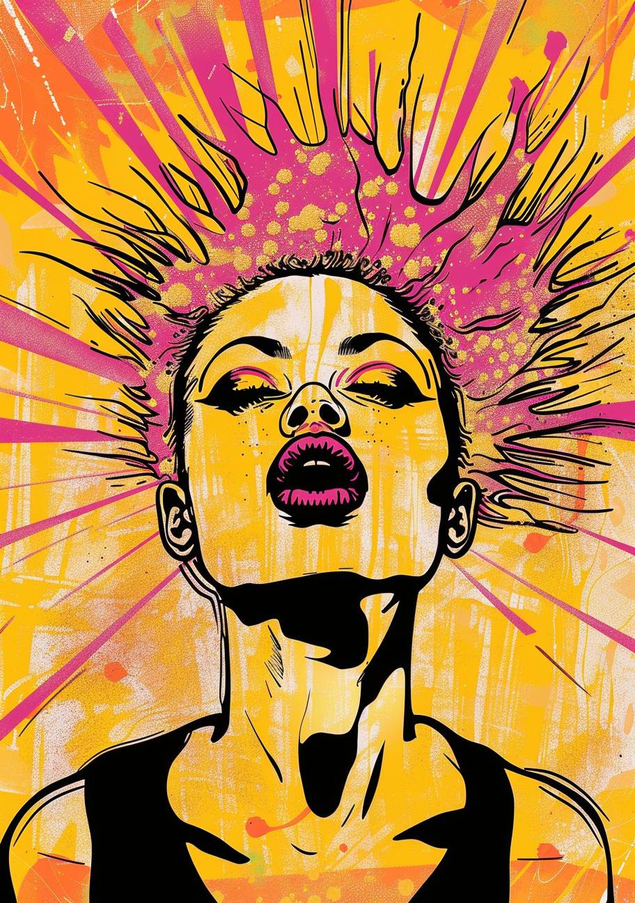 Explosion artist cover in the style of feminine pop art, unapologetic grit, concert poster, exotic, playful expressions, hyper-detailed illustrations, erudite --ar 70:99 --style raw --stylize 50  --v 6.0