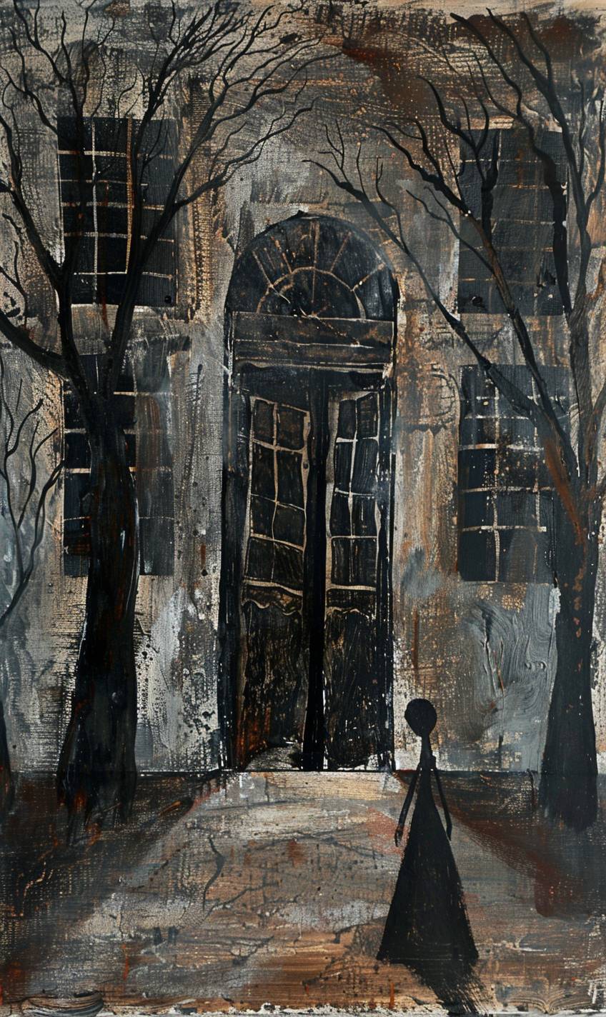 In style of Gary Bunt, Haunted mansion with creaking doors and shadows