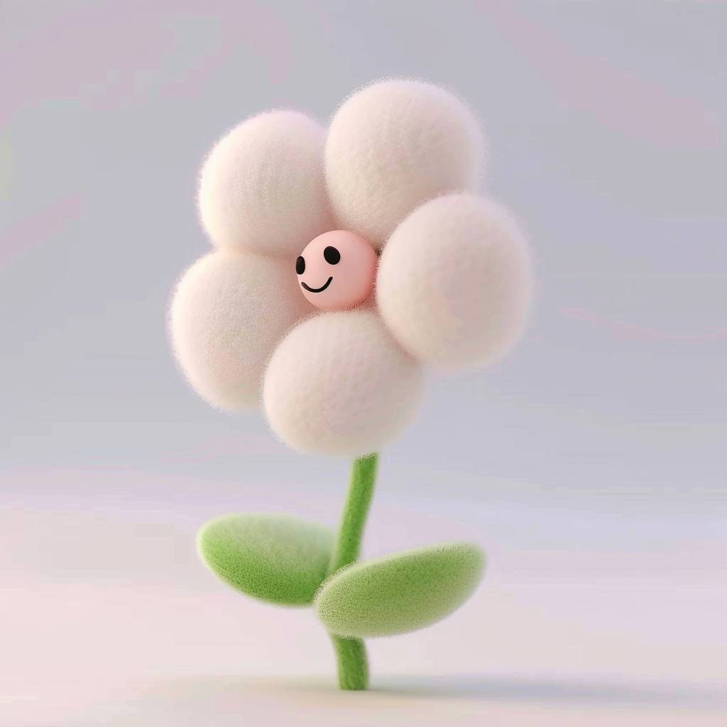 a 3D rendering of a very cute white flower, in wool texture, against a white background