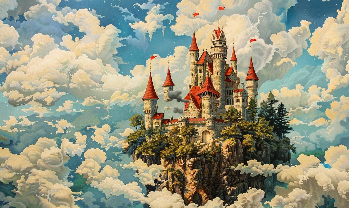 In the style of Grandma Moses, Fairy tale castle in the clouds