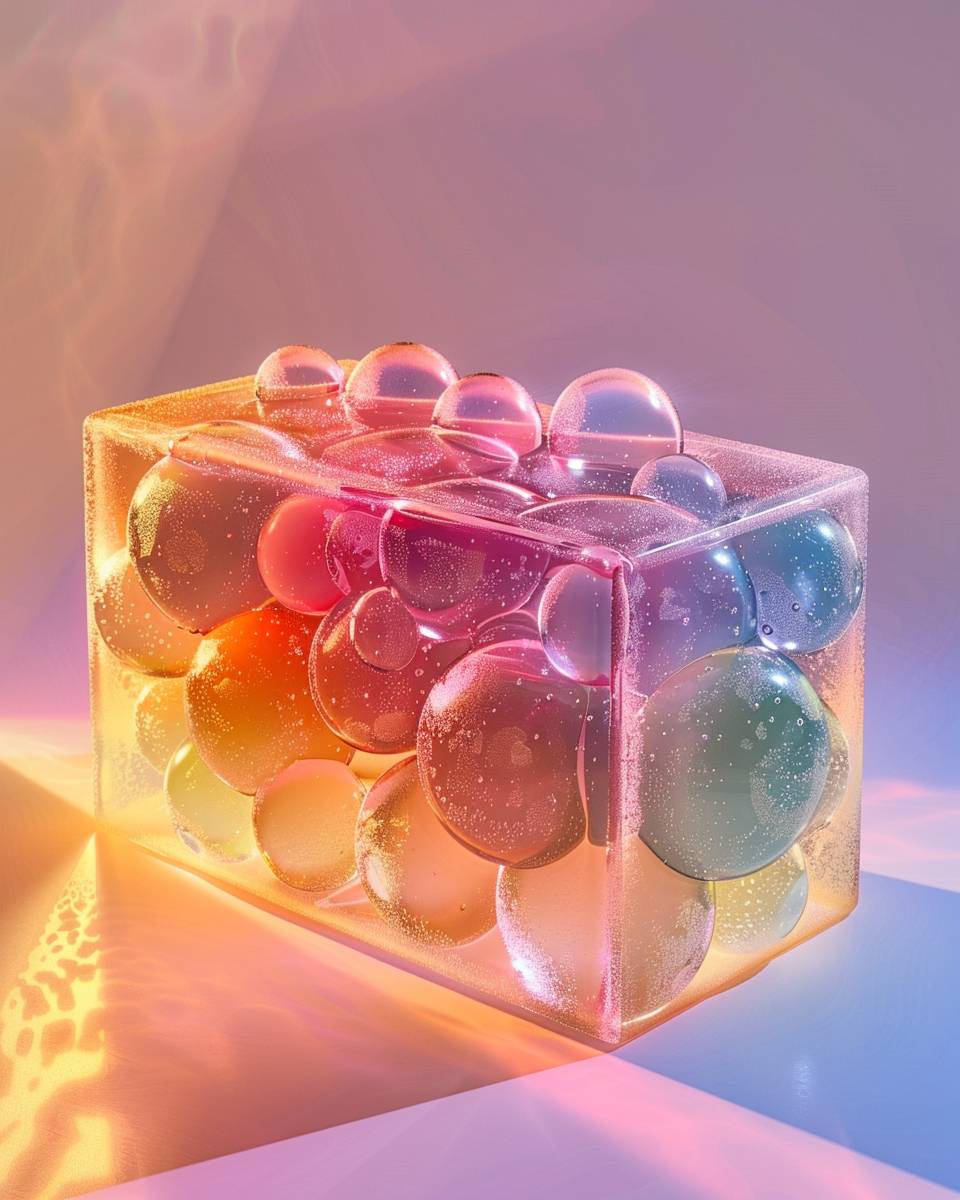 An ombre-colored exquisite surreal 3D rendering, featuring a rectangle-shaped traditional fruitcake placed inside spheres, illuminated by gradient light from within. It combines elements from art nouveau artists such as Alphonse Mucha, Roger Hargreaves, and Paul Klee, creating a sense of three-dimensionality and a fantastical effect. Studio lighting, color correction, and post-processing are used to produce a unique artwork.